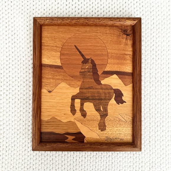 Signed Wood Marquetry Artistic Unicorn Inlay Art Wall Hanging Jeffrey Nelson - Picture 1 of 10